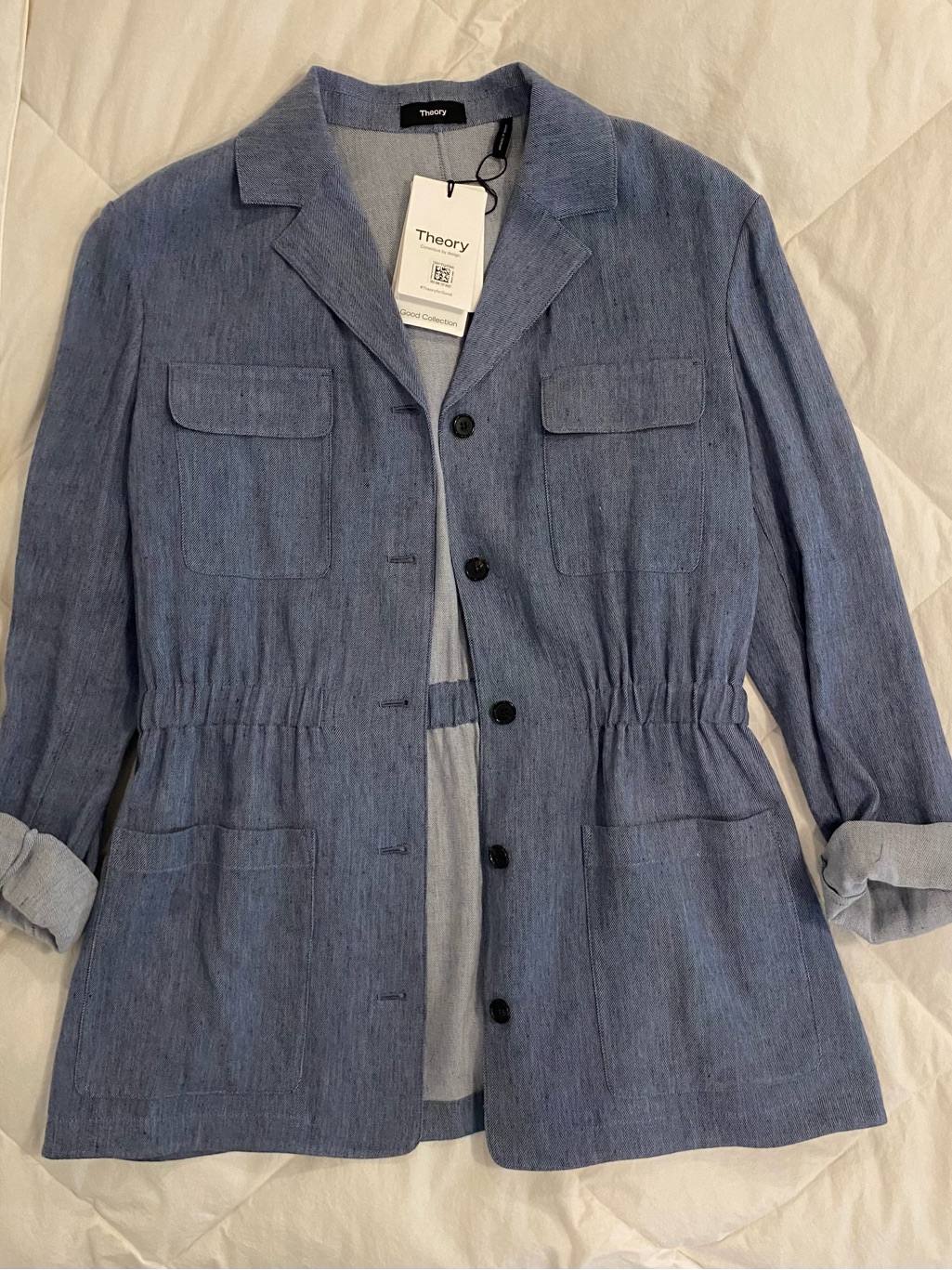 Nwt Theory Cinch Patch Jacket In Fluid Linen Light Denim Sz12 $475 Retail